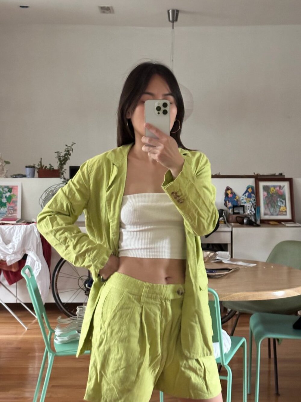 Free People, Suit set with shorts, S, Green linen - Picture 1 of 8